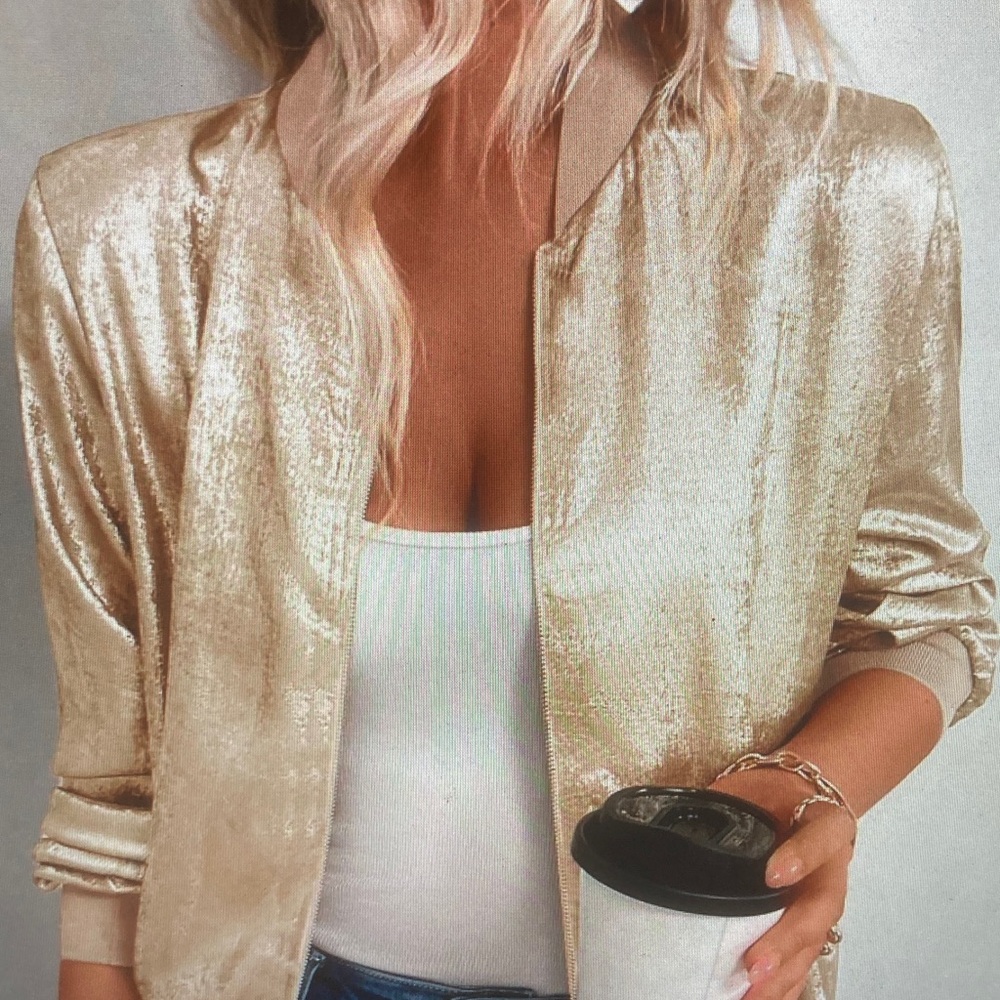 Metallic Gold Bomber Jacket - Women's Shiny Lightweight Coat - Picture 4 of 4